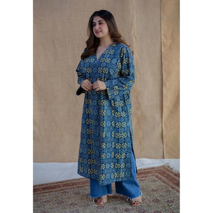 The Indian Ethnic Co. Blue Ajrakh Hand Block Printed Cotton Jabba Kali Kurta
