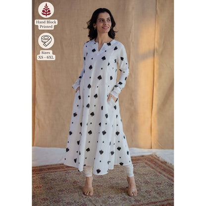 The Indian Ethnic Co. White A-Line Block Printed Cotton Kurta