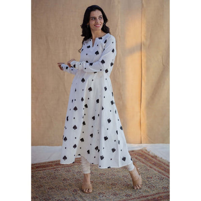 The Indian Ethnic Co. White A-Line Block Printed Cotton Kurta