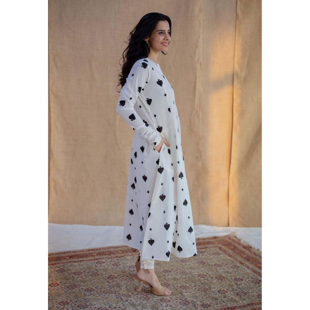 The Indian Ethnic Co. White A-Line Block Printed Cotton Kurta