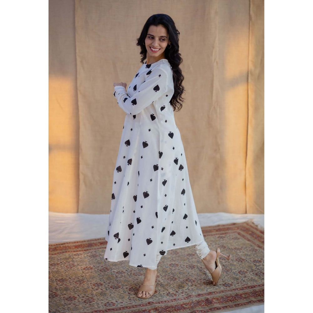 The Indian Ethnic Co. White A-Line Block Printed Cotton Kurta