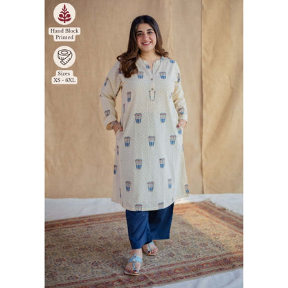 The Indian Ethnic Co. Off White Straight Ajrakh Hand Block Printed Cotton Kurta