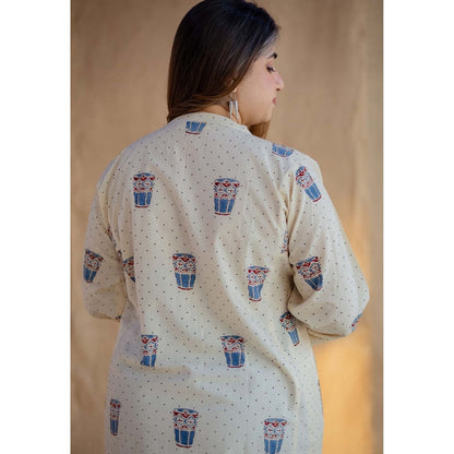 The Indian Ethnic Co. Off White Straight Ajrakh Hand Block Printed Cotton Kurta