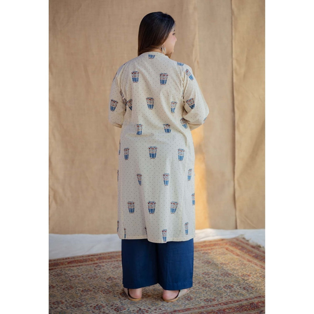 The Indian Ethnic Co. Off White Straight Ajrakh Hand Block Printed Cotton Kurta