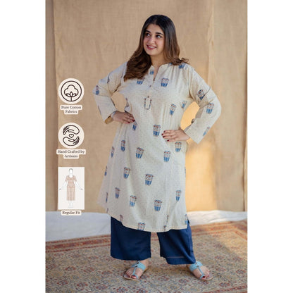 The Indian Ethnic Co. Off White Straight Ajrakh Hand Block Printed Cotton Kurta