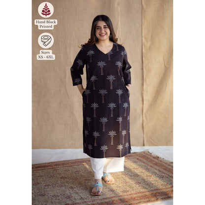 The Indian Ethnic Co. Charcoal Straight Ajrakh Hand Block Printed Cotton Kurta