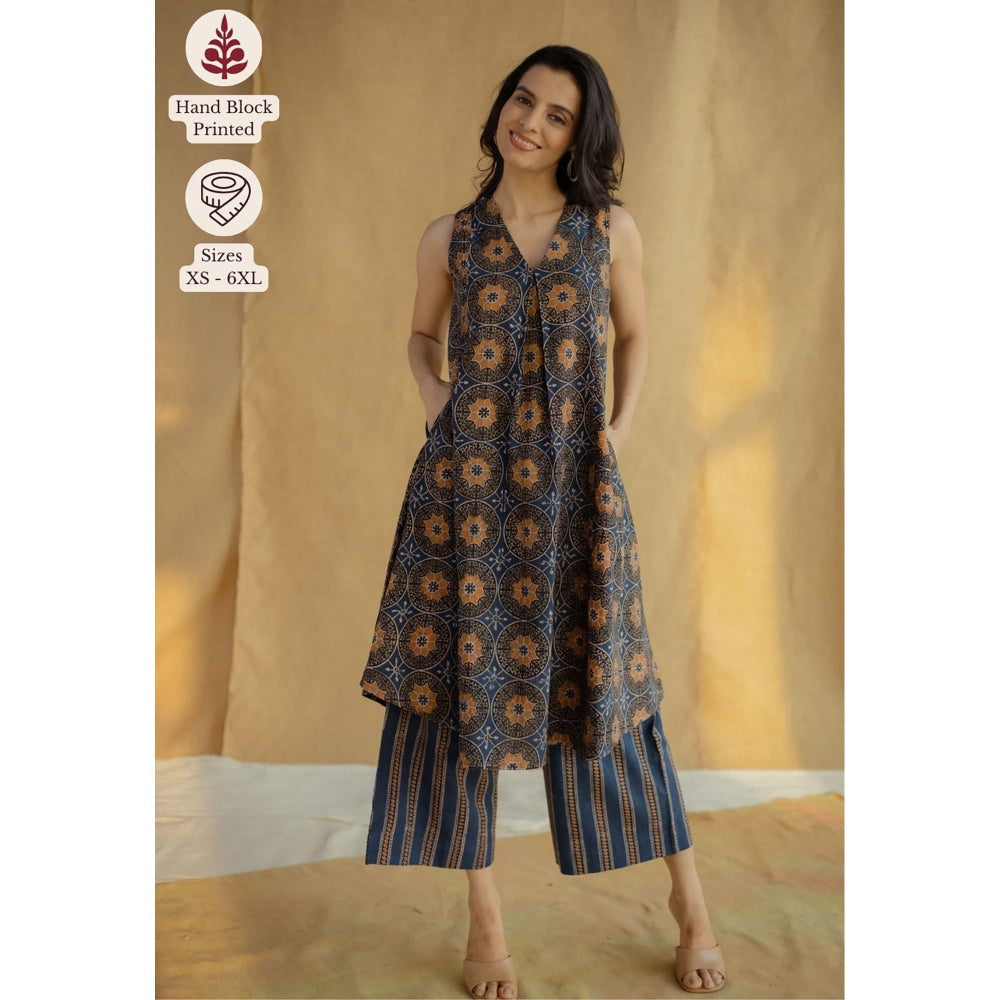The Indian Ethnic Co. Navy Blue A-Line Ajrakh Hand Block Printed Cotton Kurta