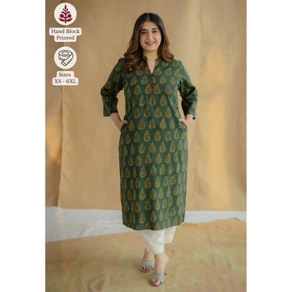 The Indian Ethnic Co. Green Straight Ajrakh Hand Block Printed Cotton Kurta