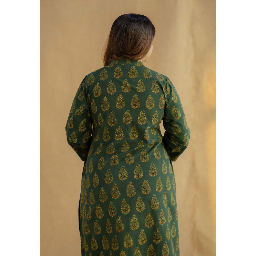 The Indian Ethnic Co. Green Straight Ajrakh Hand Block Printed Cotton Kurta