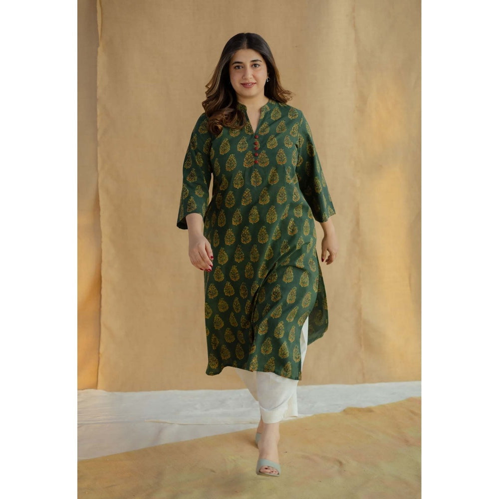 The Indian Ethnic Co. Green Straight Ajrakh Hand Block Printed Cotton Kurta