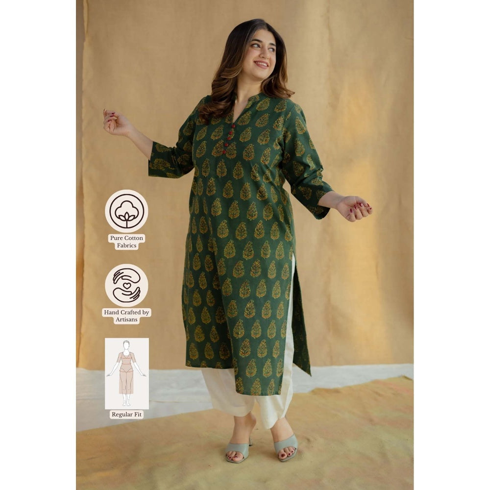 The Indian Ethnic Co. Green Straight Ajrakh Hand Block Printed Cotton Kurta