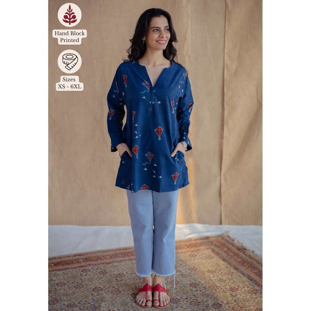 The Indian Ethnic Co. Blue Loose Ajrakh Hand Block Printed Cotton Short Tunic