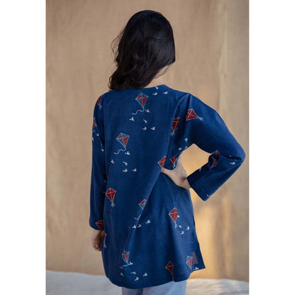 The Indian Ethnic Co. Blue Loose Ajrakh Hand Block Printed Cotton Short Tunic