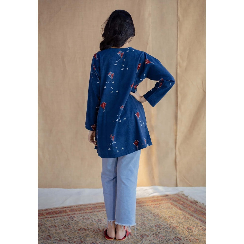 The Indian Ethnic Co. Blue Loose Ajrakh Hand Block Printed Cotton Short Tunic