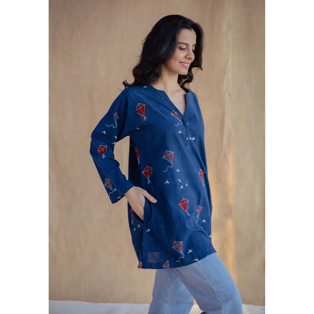The Indian Ethnic Co. Blue Loose Ajrakh Hand Block Printed Cotton Short Tunic