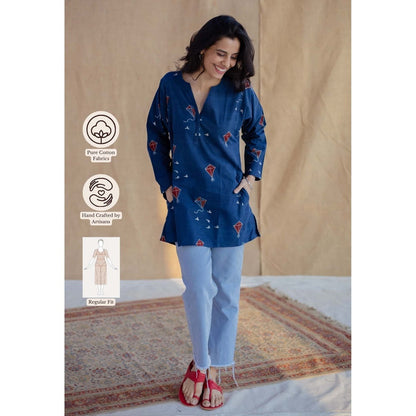 The Indian Ethnic Co. Blue Loose Ajrakh Hand Block Printed Cotton Short Tunic
