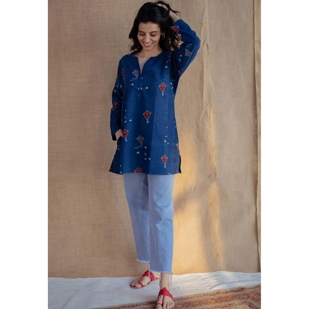 The Indian Ethnic Co. Blue Loose Ajrakh Hand Block Printed Cotton Short Tunic
