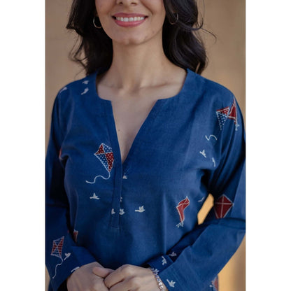 The Indian Ethnic Co. Blue Loose Ajrakh Hand Block Printed Cotton Short Tunic