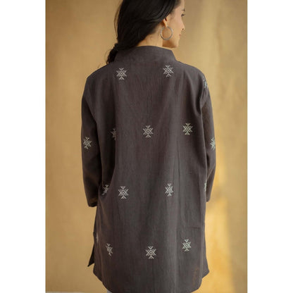 The Indian Ethnic Co. Brown Jamdani Handwoven Kala Cotton Straight Short Tunic