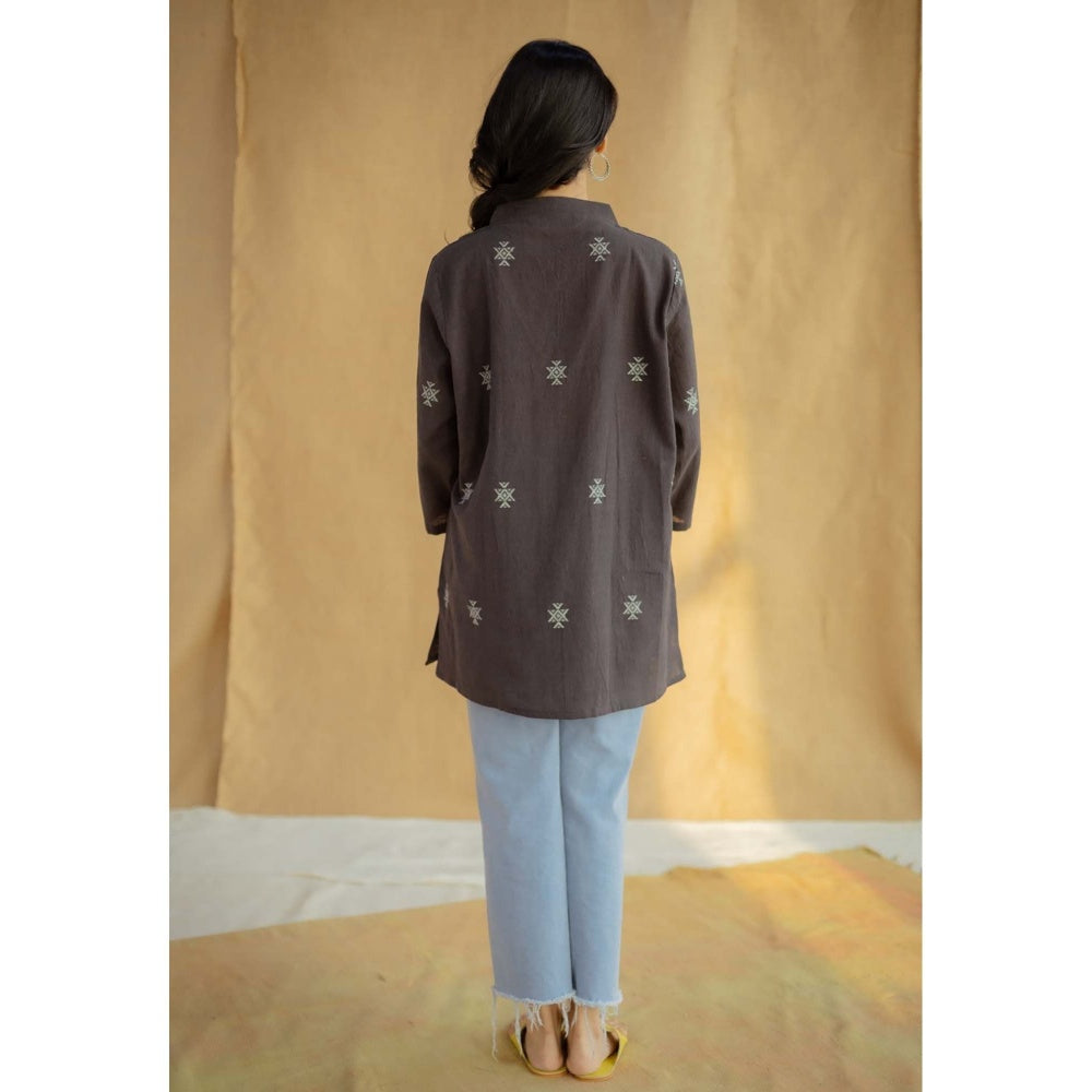 The Indian Ethnic Co. Brown Jamdani Handwoven Kala Cotton Straight Short Tunic