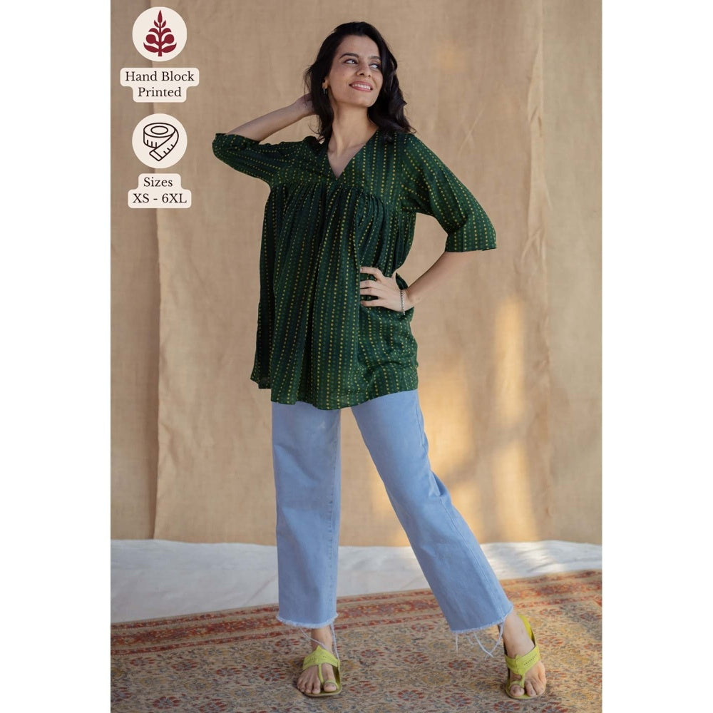 The Indian Ethnic Co. Green A-Line Dabu Hand Block Printed Slub Cotton Short Top