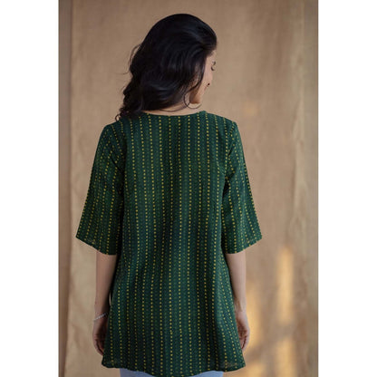 The Indian Ethnic Co. Green A-Line Dabu Hand Block Printed Slub Cotton Short Top