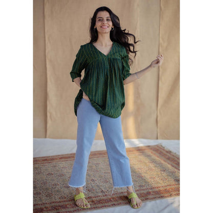 The Indian Ethnic Co. Green A-Line Dabu Hand Block Printed Slub Cotton Short Top