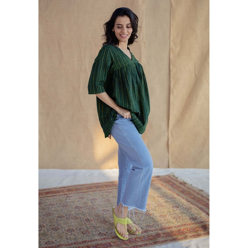 The Indian Ethnic Co. Green A-Line Dabu Hand Block Printed Slub Cotton Short Top