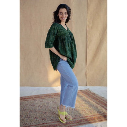 The Indian Ethnic Co. Green A-Line Dabu Hand Block Printed Slub Cotton Short Top