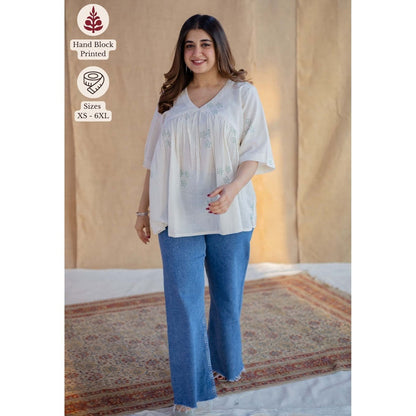 The Indian Ethnic Co. White A-Line Dabu Hand Block Printed Slub Cotton Short Top
