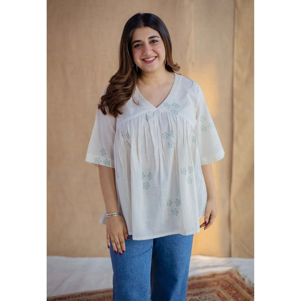 The Indian Ethnic Co. White A-Line Dabu Hand Block Printed Slub Cotton Short Top