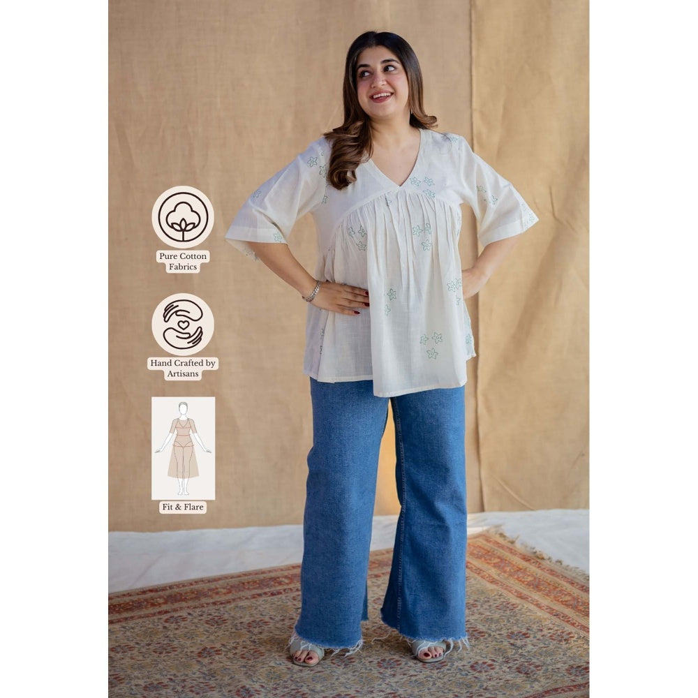 The Indian Ethnic Co. White A-Line Dabu Hand Block Printed Slub Cotton Short Top