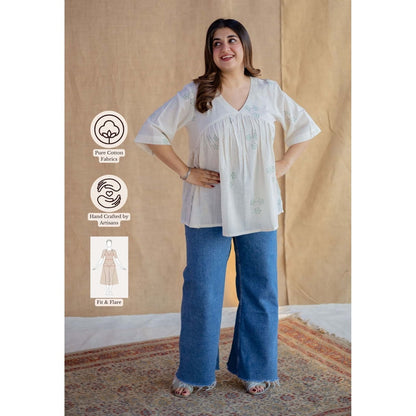 The Indian Ethnic Co. White A-Line Dabu Hand Block Printed Slub Cotton Short Top