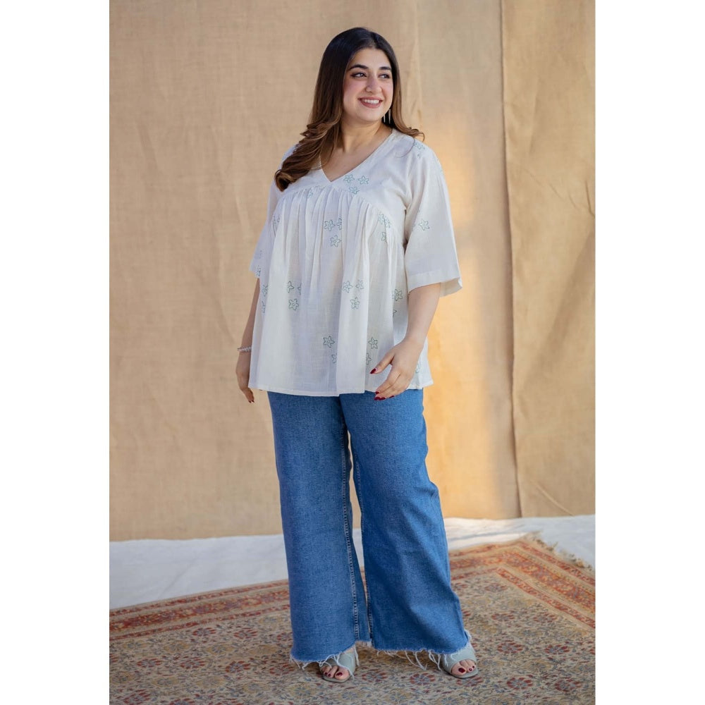 The Indian Ethnic Co. White A-Line Dabu Hand Block Printed Slub Cotton Short Top