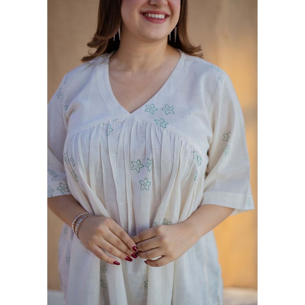 The Indian Ethnic Co. White A-Line Dabu Hand Block Printed Slub Cotton Short Top