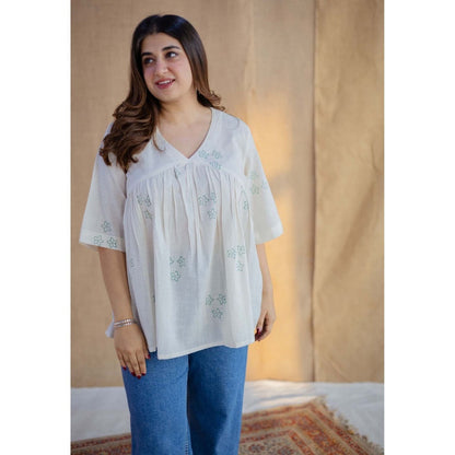 The Indian Ethnic Co. White A-Line Dabu Hand Block Printed Slub Cotton Short Top