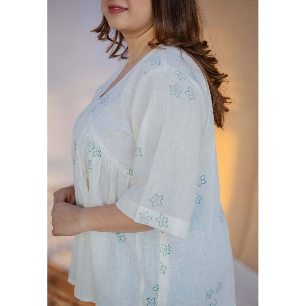 The Indian Ethnic Co. White A-Line Dabu Hand Block Printed Slub Cotton Short Top