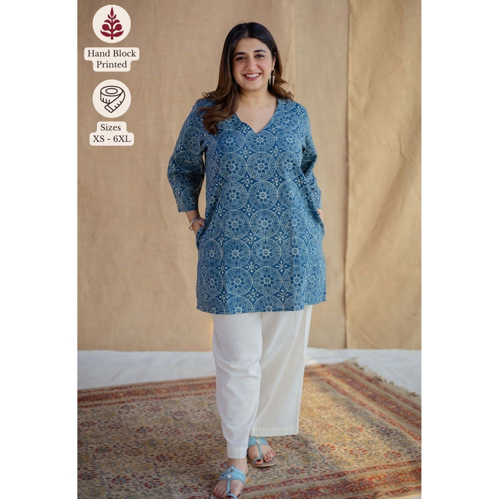 The Indian Ethnic Co. Blue Straight Ajrakh Hand Block Printed Cotton Short Tunic