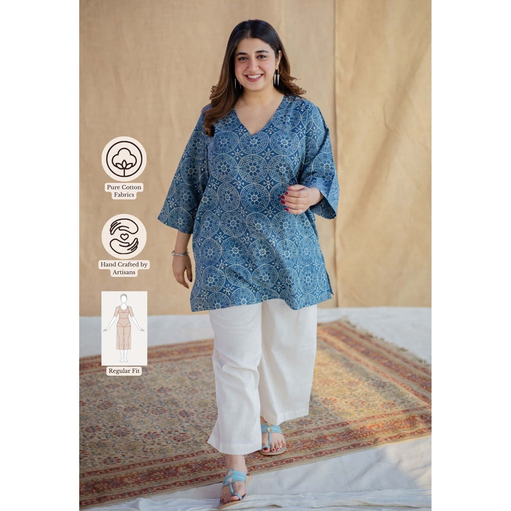 The Indian Ethnic Co. Blue Straight Ajrakh Hand Block Printed Cotton Short Tunic