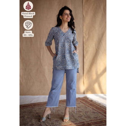 The Indian Ethnic Co. Blue Straight Batik Hand Block Printed Cotton Short Tunic