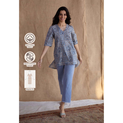 The Indian Ethnic Co. Blue Straight Batik Hand Block Printed Cotton Short Tunic