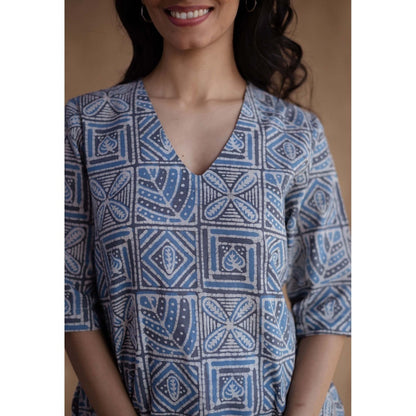 The Indian Ethnic Co. Blue Straight Batik Hand Block Printed Cotton Short Tunic