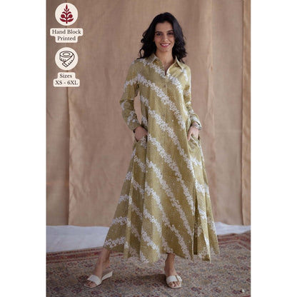 The Indian Ethnic Co. Green A-Line Batik Printed Cotton Dress