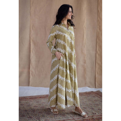 The Indian Ethnic Co. Green A-Line Batik Printed Cotton Dress