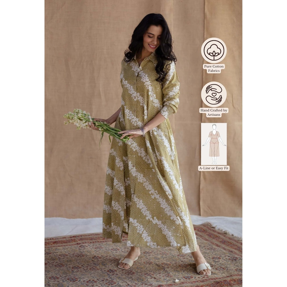 The Indian Ethnic Co. Green A-Line Batik Printed Cotton Dress