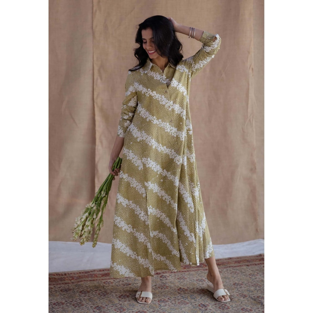 The Indian Ethnic Co. Green A-Line Batik Printed Cotton Dress