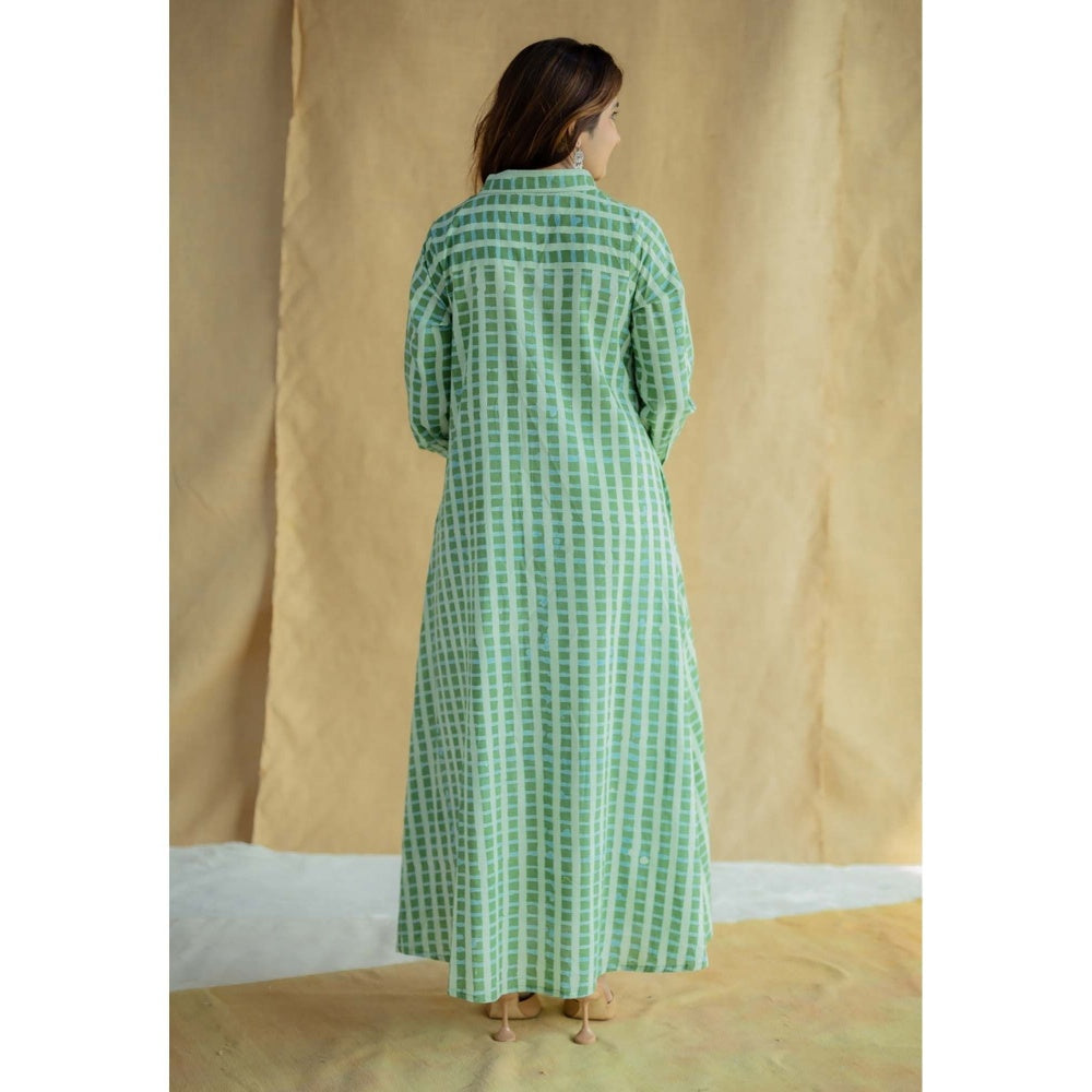 The Indian Ethnic Co. Green A-Line Batik Printed Slub Cotton Dress
