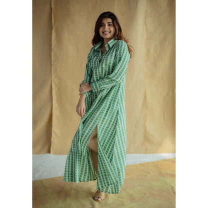 The Indian Ethnic Co. Green A-Line Batik Printed Slub Cotton Dress