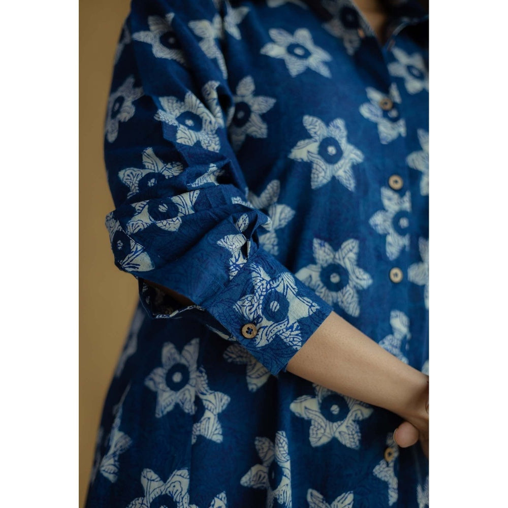 The Indian Ethnic Co. Navy Blue A-Line Bagru Printed Slub Cotton Dress