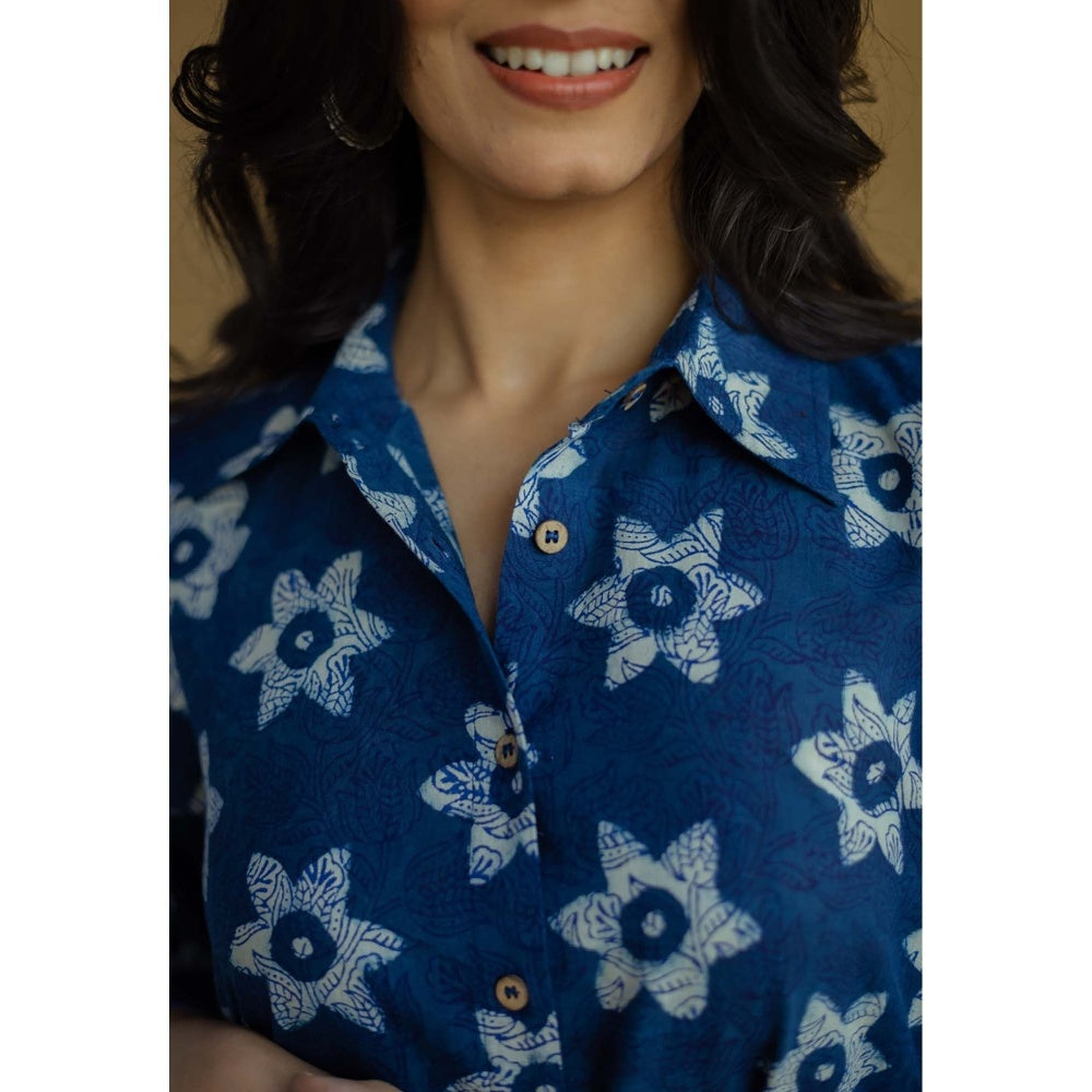 The Indian Ethnic Co. Navy Blue A-Line Bagru Printed Slub Cotton Dress